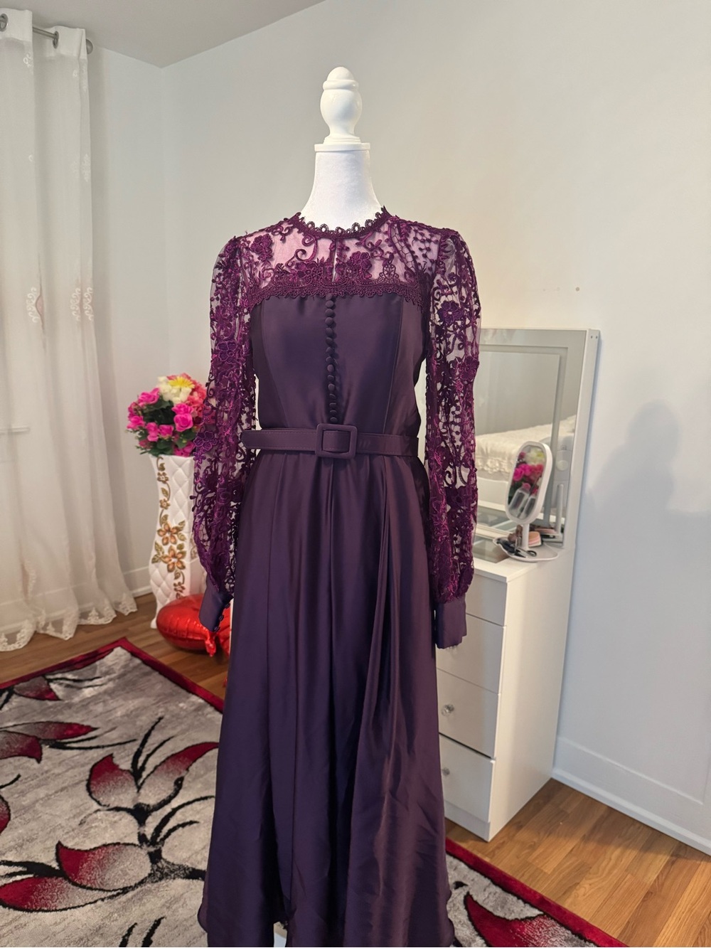 Elegant Plum Lace Sleeve Belted Maxi Dress